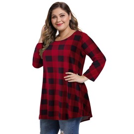 MONNURO Womens 3/4 Sleeve Tops Casual Loose Fit Swing Plus Size Tunic Blouse Basic Shirts(Plaid Red,1X)
