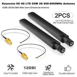 Kaunosta 2 x 5G 4G LTE GSM 3G Antenna 600-6000Mhz 12dBi Mimo SMA Male Antenna + 2 x 15cm IPX MHF1 to SMA Female Extension Cable for Router/USB Adapter/Reapter/Network PCl Card/Security Camera