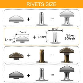 100Sets 10mm Square Rivets, Leather Rivets Metal Pyramid Spike Studs Rivet for Leather Wrists Boots Clothing Pet Collars Belt Bags Punk Bracelets Key Fob DIY Repair and Decoration (Silver)