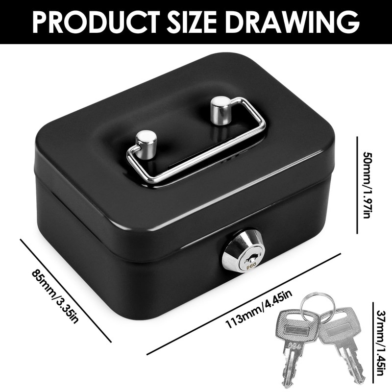 Small Cash Box, Small Safe, Elegant Steel Cash Box, Black