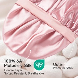 Umisleep 22 Momme 100% Real Mulberry Silk Bonnet for Sleeping Women, Large Hair Care Bonnet for Long Curly Hair, Double Layer Silk Hair Wrap with Soft Elastic Band, Non-Slip Sleep Cap, Light Pink