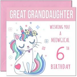 6th Great Granddaughter Birthday Card - Meowgical Funny Cat Birthday Card for 6 Year old Kids six, sixth