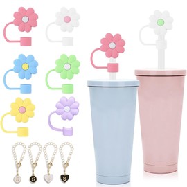Bogoro 10 Stück Blume Silikon Strohhalm Abdeckung und Becherkette,Bunte Strohhalm-Abdeckungen Silikon,Und Becherkette mit Monogrammiertem S Passend Wiederverwendbare Trinkhalmdeckel