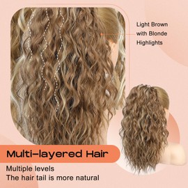 SEIKEA Ponytail Extension, 14" Short Wavy Drawstring Ponytail Multi Layered Fake Pony tails Hair Extensions Clip in Hair Extensions Light Brown with Blonde Highlights