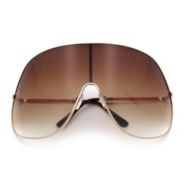 SA106 XXL Oversized Metal Rim Curved Monolens Shield Racer Sunglasses Gold - Brown