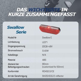 ADDVIEW Swallow E Bike Rear Light - LED Bike Tail Light 6-12V DC StVZO Approved 80mm Rack Mount IP65 Waterproof Compact Design 40m Visibility Z Reflector