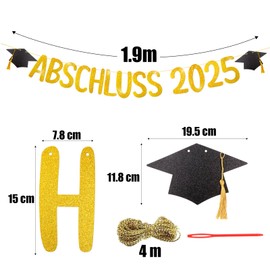 BETESSIN Graduation 2025 Decorative Gold Glitter - Graduation 2025 Garland with Graduate Hat Motif - Passed Exam Gift - Graduation Decoration for Graduation, Bachelor & Master Graduations