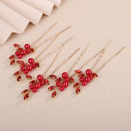 Teyglen 5pcs Bride Rhinestone Wedding Hair Pins Set Bridal Red Crystal Pearl Hair Pins Clips Elegant Hair Jewelry Accessories for Women Wedding Crystal Hair Piece (Red)