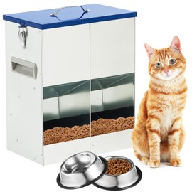Qinyoung Automatic Feeder for 2 Cats Outdoor Galvanized 42cups/10l Double Feeder with 2 Stainless Steel Water Bowls for Small Pets Cats Dogs Outdoor Indoor Dry Food Dispenser