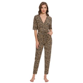BambooBud Women's Summer Jumpsuits Short Sleeve Casual 2025 One Piece Outfits Pants V Neck Belted Rompers S-XXL, Yellow/Black Leopard, X-Large