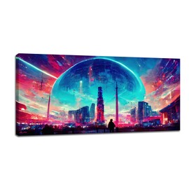 Tijuboni Punk City Large Canvas Wall Art for Living Room Futuristic Street Cityscape Oversized Wall Decor Pictures Skyscraper Print Painting Modern Home Artwork Office Bedroom 60"x30"