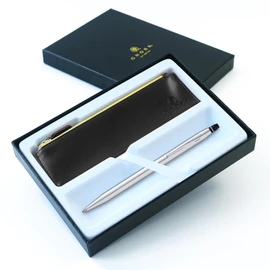 AT Cross Click Ballpoint Pen in Gift Box with Black Zipped Case - Choose Design (Black Lacquer) (Without Engraving, Chrome w' Chrome Trim)