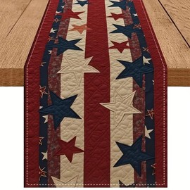 4th of July Table Runner Flax 13x90 Inch Blue Red Five-Pointed Star Table Runners for Table Decor Stripe Independence Day Table Runner for Holiday Dinning Party
