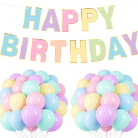 50pcs 12 Inches pastel balloons Assorted Color Macaron Balloons Balloons With Happy Birthday Banner And Ribbons For Kid’s Birthday Party Birthday, Baby Shower, Unicorn Party Decorations