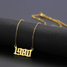 SKQIR Birth Years Number Necklace,Initial Year Pendant Necklace Gold Plated Birthday Gift Charm Friendship Old English Arabic Mumerals Stainless Steel Necklace Jewelry for Women Girl（Gold,1985）