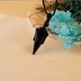 ASGIFT Couple Necklace 6 Pacet Point Black Obsidian and Clear Quartz Pointed Pendant with Adjustable Rope Natural Crystal Necklces Jewerly Gift for Men Women