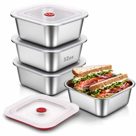 monoan 4 Pack Stainless Steel Sandwich Containers with Airtight Lids, 32oz Reusable Metal Lunch Box, BPA-Free Meal Prep Food Storage Containers, Dishwasher Safe for Snacks, Fruit & Leftovers