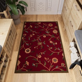 Ottomanson Ottohome Collection Non-Slip Rubberback Floral Leaves Design 3x5 Indoor Area Rug, 3'3" x 5', Red