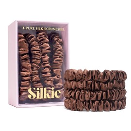 SILKIE Set of 4 100% Pure Mulberry Silk Black Thin Hair Bobbles with Travel Bag, Hair Ties for Every Day, Hair Care, Ponytail Holder, No Hair Damage (Praline)