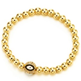 Women Men Gold Color Beads Chain Bracelet with Cubic Zirconia Charm of Evil Eye