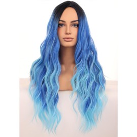 BERON Women's Blue Wigs Long Wavy Hair Wig for Girls Ombre Colored Curly Heat Resistant Synthetic Hair Wigs for Cosplay Party Daily or Used
