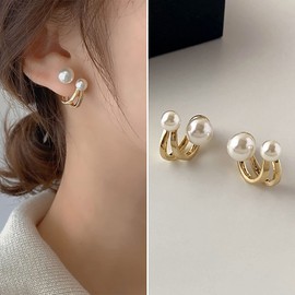TseenYi Pearl Ear Jacket Earrings Boho Pearl Front Back Studs Earrings Vintage Pearl Climbers Earring Bridal Earrings Jewelry for Women and Girls(Gold)