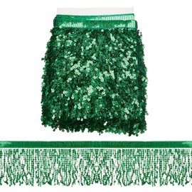 letsinstyle 10 Yards Sequins Fringe Trim, 6.7'' Wide Green Tassel Ribbon, Glitter Sequin Fringe Trimming Polyester Decorative Ribbons for Latin Dress Stage Clothing Accessories