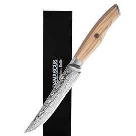 Steak Knife, 5 Inch Non-serrated Damascus Steak Knife, Razor Sharp Forged VG10 Blade, Full Tang Ergonomic Olive Wood Handle