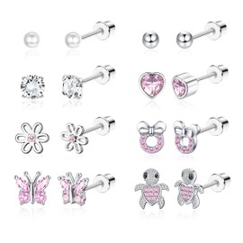 CASSIECA 8 Pairs Hypoallergenic Screw back Earrings for Girls Women 316L Stainless Steel CZ Pearl Heart Flower Turtle Butterfly Stud Earrings Jewelry Gift Women Girl