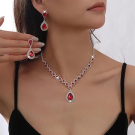 Prom Necklace and Earrings Set for Women Silver Rhinestone Sparkly Red Crystal Bridal Wedding Jewelry Sets for Brides Bridesmaid Prom Costume Accessories for Women (Red, One size)