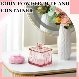 Tioncy 2 Pcs Large Body Powder Puff and Container Powder Container with Puff Pink Cute Glass Vintage Jar with Lid Crystal Case Soft Washable Reusable Velour Face Body Glitter Wet Dry Makeup