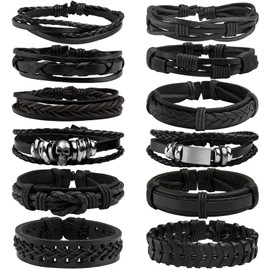 JJDreams 6pcs Punk Bracelet Men's Bracelets Set Black Leather Bracelet Gothic Braided Bangle Leather, Faux Leather, No Gemstone