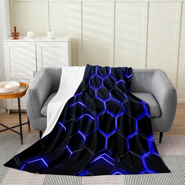 Honeycomb Flannel Fleece Throw Blanket,All Season Hexagonal Blue Black Bed