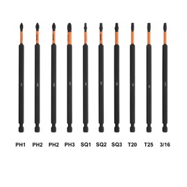 Railer 6 Inch Screwdriver Bit Set - Premium S2 Steel 6" Phillips, Square, Torx & Hex Impact Driver 10pc Bit Set With A Storage Magnetizer Bit Holder & Carabiner