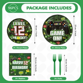 Grencian 96Pcs Green Game Party Supplies Video 12th Birthday Paper Plates and Napkins Tableware Sets Level Unlcked Game Themed Decorations for Kids Gaming Boys 12 Year Old Party Favors Serves 24