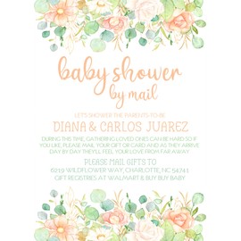 Girls Peach And Eucalyptus Mint Baby Shower By Mail Invitations, Virtual Baby Shower Invitation Card Sets With Matching Return Address Labels, Far Away Baby Shower Invitations For Girls