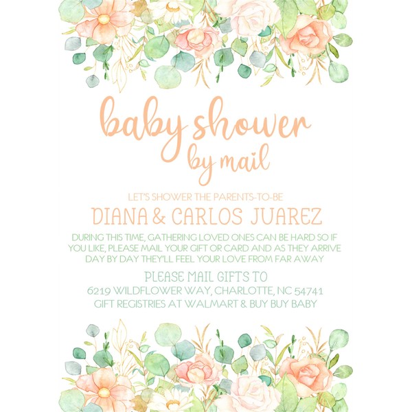Girls Peach And Eucalyptus Mint Baby Shower By Mail Invitations,