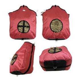 Majestic Ally Nylon Hay Feeder Tote Bag for Horse, Goat, Sheep - Double Sides Open Feed Hole with Faux Leather Ventilated Bottom- Premium Quality -Simulates Grazing - Reduces Waste (RED)