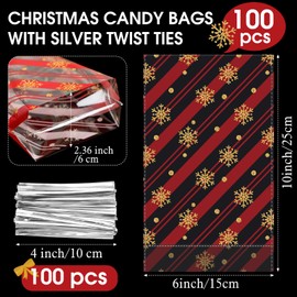 Outus 100 Pcs Christmas Favor Bags Snowflake Pattern Treat Bags Flat Cellophane Plastic Party Bags for Bakery, Popcorn, Cookies, Candies and Dessert with 100 Pieces Twist Ties (Red Gold White)