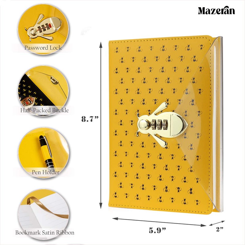 Mazeran Bee Shaped Combination Lock Journal, PU Leather Hard Cover