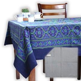 Sweet Us Light Weight Cotton Linen Tablecloth Square Blue Geen Purple Sunflower Floral Table Cloth and One Gray Napkin, Washable Table Cover for Indoor and Outdoors, 110 x 110 in