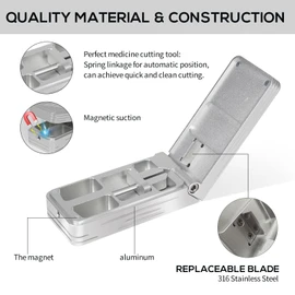 Pill Cutter for Small and Tiny Pills, Professional Aluminum Pill Splitter with Auto Centering Device and 2 Replaceable Stainless Steel Blades, Portable Pill Splitter with PU Case (Silver)