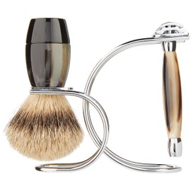 Merkur Merkur Razor Set 3-pieces (Razor 27 001, Brush, Stand), Bright Chrome, Cow Horn, 1 ct.
