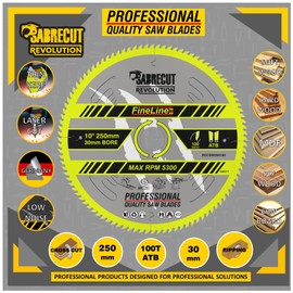 1 x SCCSW250100 SabreCut 250mm 100T x 30mm Bore Fineline Thin Kerf Wood Plywood MDF Chipboard Cross Cutting and Rip Cutting Circular Saw Blade