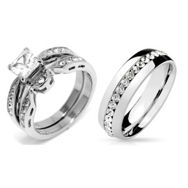 His Hers Couple Ring Set Womens 1 Ct Princess CZ Stainless Steel Wedding Ring Set Mens All Around CZ Wedding Band (Size Women's 08 Men's 10)