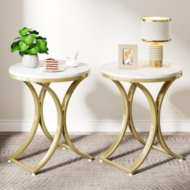 Tribesigns 1PCS Round Side Table Faux Marble Top Gold Metal Legs, Modern End Table Nightstand for Living Room, Bedroom (Particle Board + Powder-Coated Iron Frame)