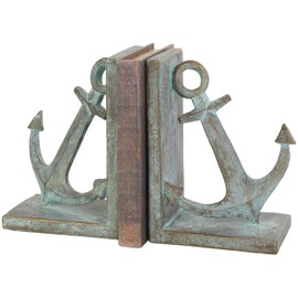 Deco 79 Polystone Anchor Decorative Bookends Distressed Patina Non Skid Bookends with Gold Foil Accents, Set of 2 Office Bookends4 W, 8" H, Blue