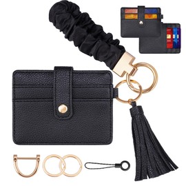 Aphlos Wristlet Keychain for Women with Card Holder, Elastic Key Ring Bracelet for Room Keys, Charms, Comfortable and Durable Wrist Strap Organizer for Work, Travel, Pool Days (Black)