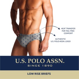 U.S. Polo Assn. Men's Underwear - 5 Pack Low Rise Cotton Brief with Contour Pouch - Underwear Briefs for Men (Sizes: S-XL), Size Medium, Sky Blue/Maritime Blue/Navy Blue/Grey/Charcoal Heather