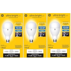 GE (case of 3) Plump Ultra Bright LED 3-Way Light Bulb, 75/150/250 watt Equivalent, Daylight, 1100/2310/3900 lumens, exceptionally Bright LED, Frost Finish. Note- Bulb is Large, Portly A23